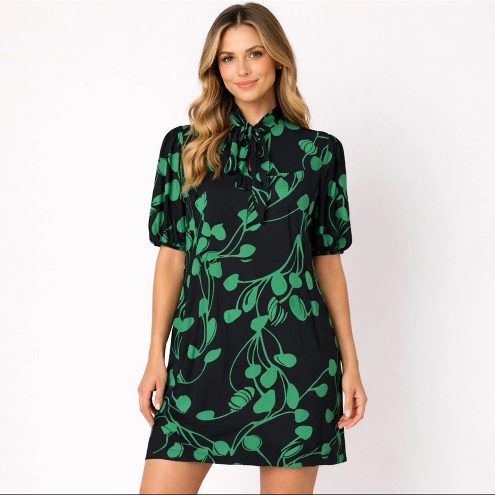 Veronica M Women's shift Dress | Size L | Black & Green Floral Mock Neck Bow Tie